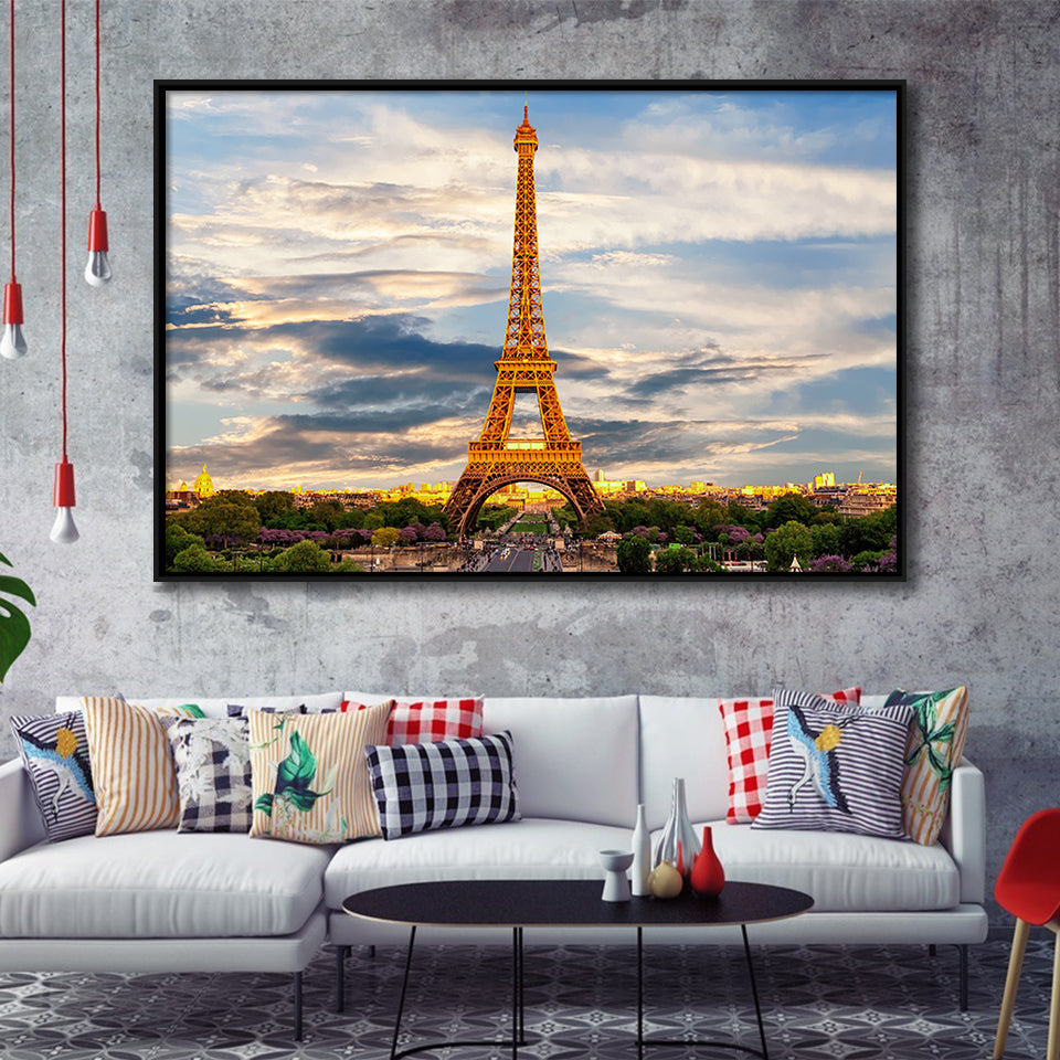 Famous Places Art Canvas, Eiffel Tower Paris Famous Cities Art  Framed Canvas Prints Wall Art, Floating Frame, Large Canvas