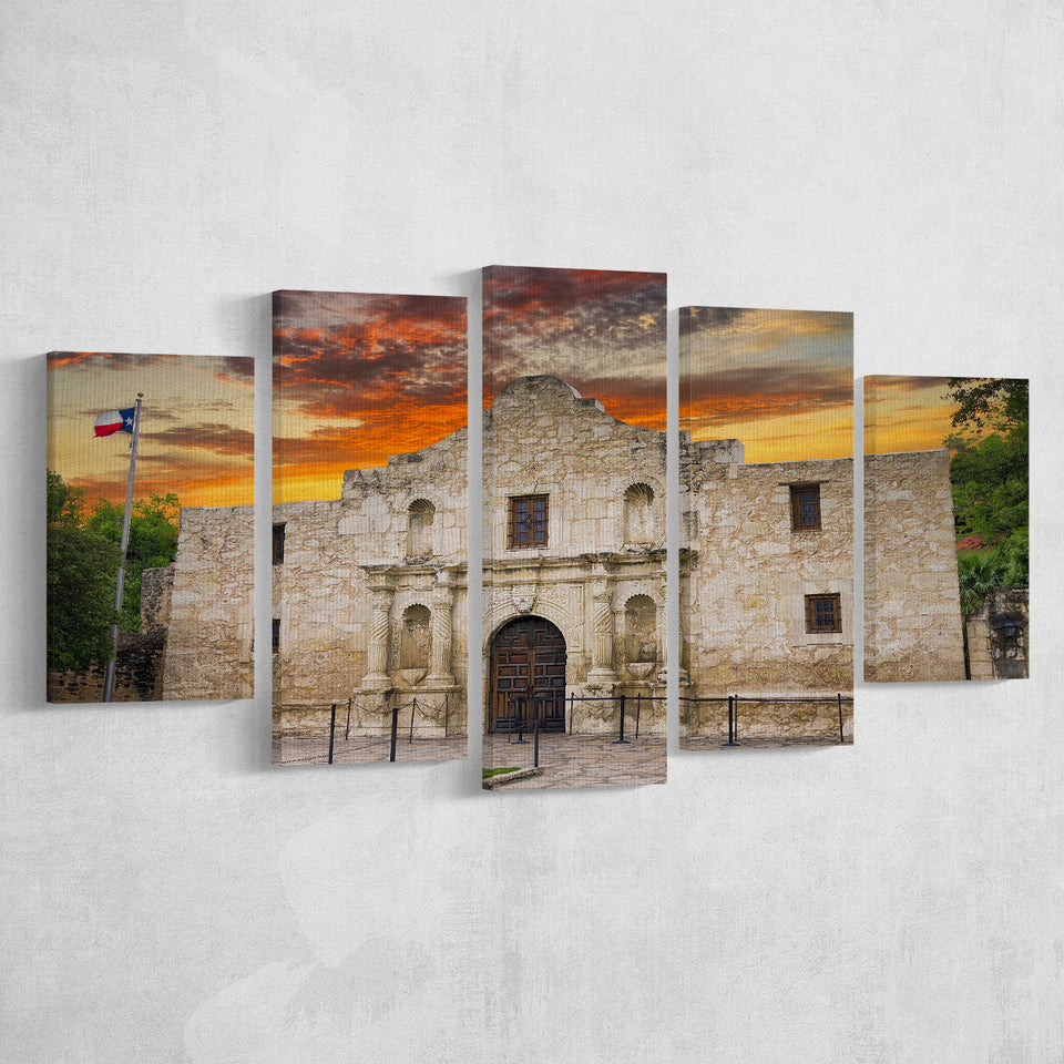 Famous Places Art Canvas The Alamo San Antonio Texas, 5 Piece Canvas Prints Wall Art Decor, Multi Panels,Mixed Canvas