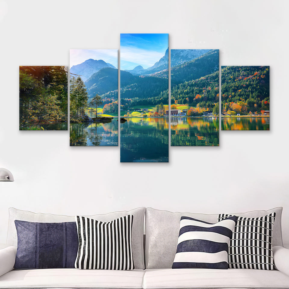 Fantastic autumn sunset of Hintersee Lake Germany Alps 5 Pieces Canvas Prints Wall Art - Painting Canvas, Multi Panels, Wall Decor