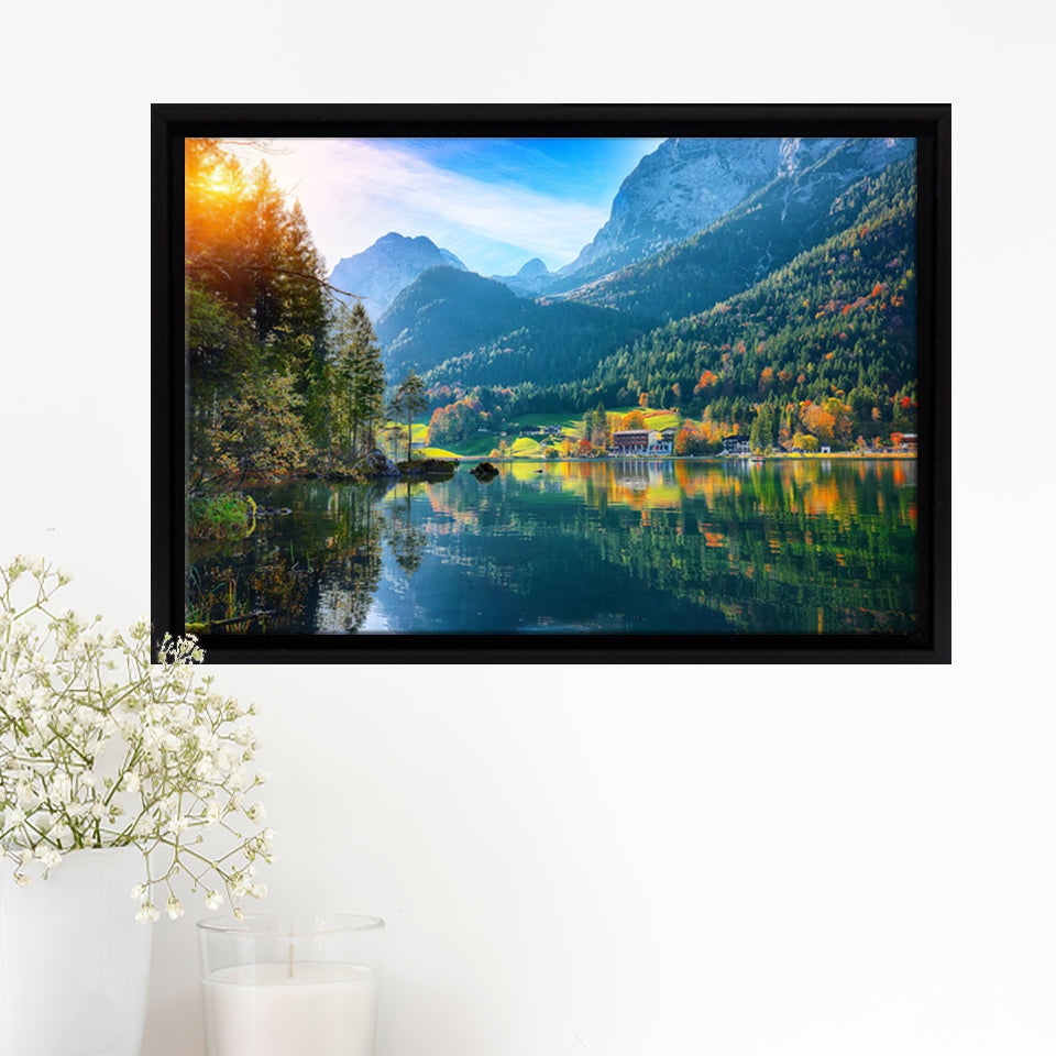 Fantastic autumn sunset of Hintersee Lake Germany Alps Framed Canvas Prints Wall Art - Painting Canvas, Wall Decor, Home Decor