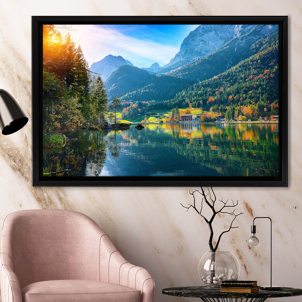 Fantastic autumn sunset of Hintersee Lake Germany Alps Framed Canvas Prints Wall Art - Painting Canvas, Wall Decor, Home Decor