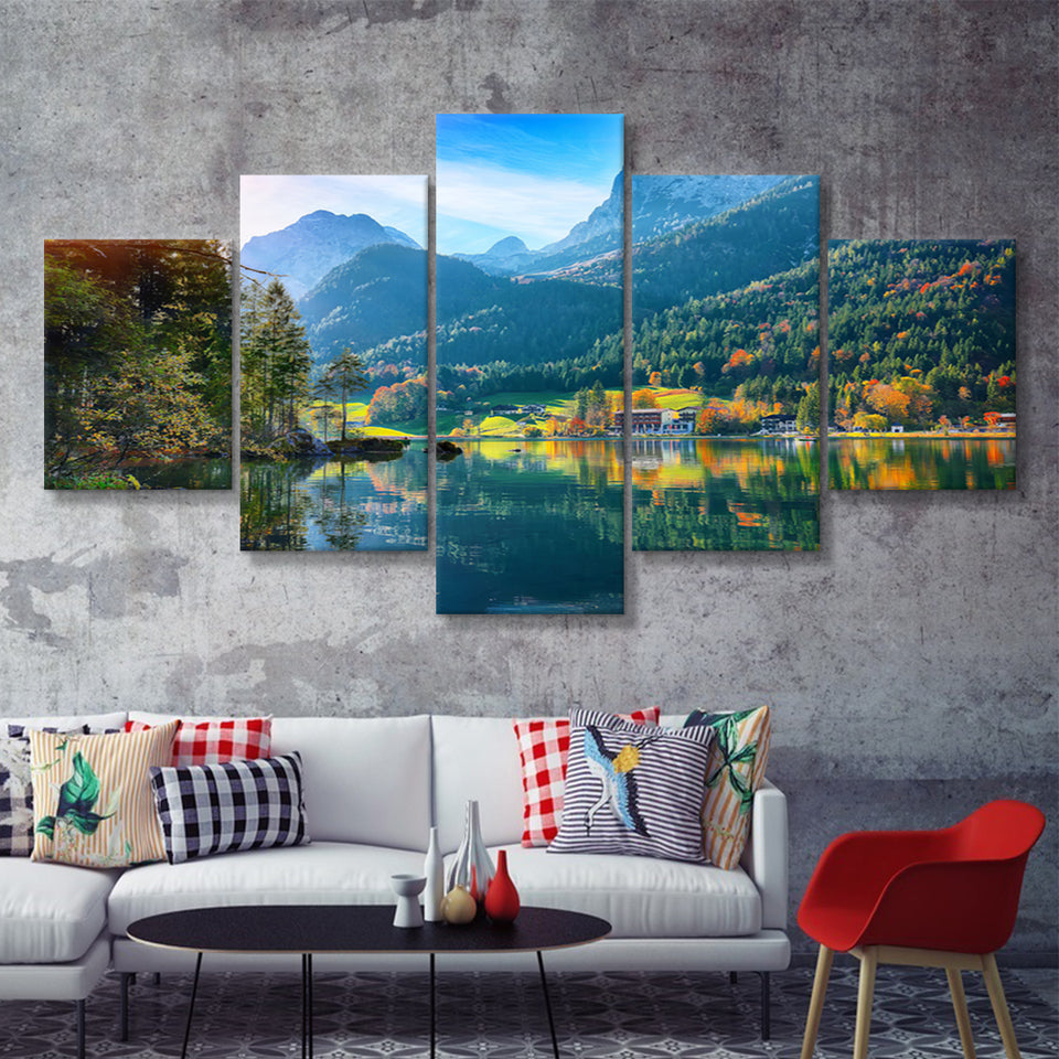 Fantastic autumn sunset of Hintersee Lake Germany Alps 5 Pieces Canvas Prints Wall Art - Painting Canvas, Multi Panels, Wall Decor