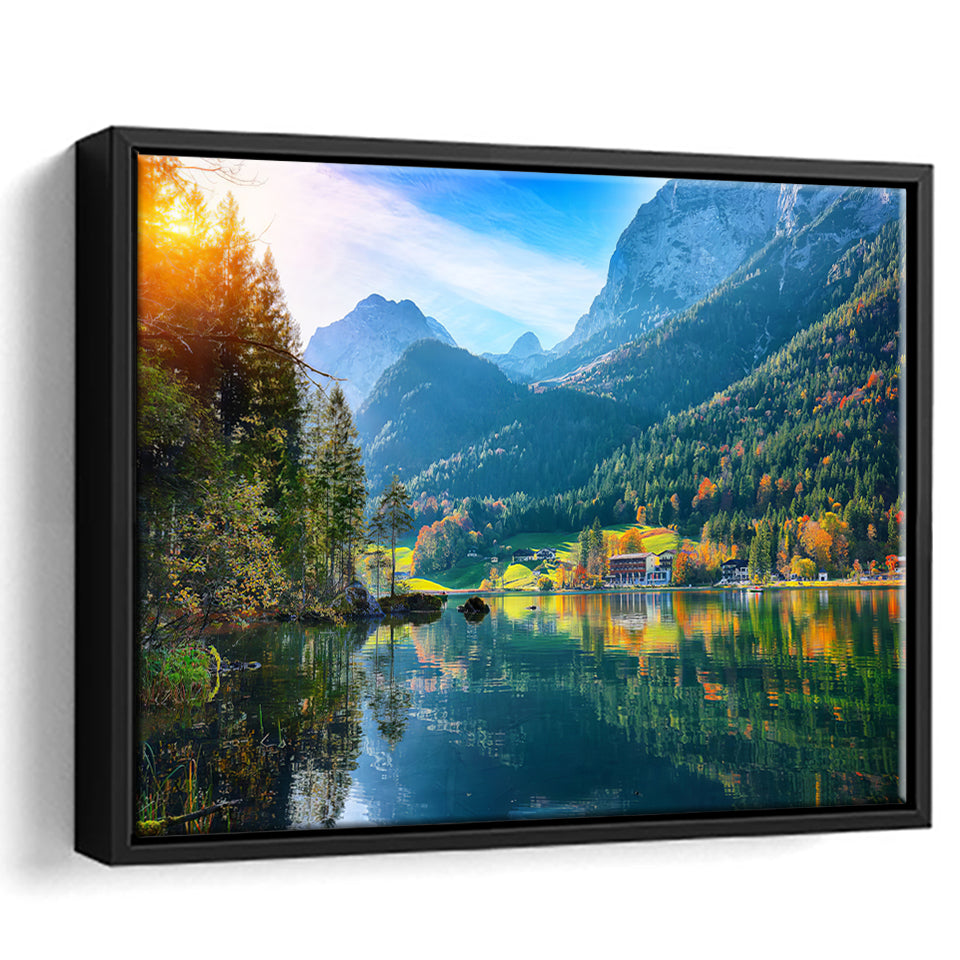 Fantastic autumn sunset of Hintersee Lake Germany Alps Framed Canvas Prints Wall Art - Painting Canvas, Wall Decor, Home Decor