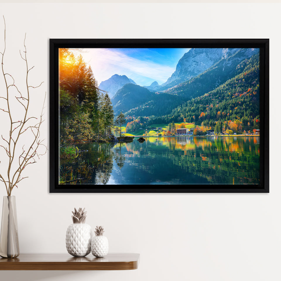 Fantastic autumn sunset of Hintersee Lake Germany Alps Framed Canvas Prints Wall Art - Painting Canvas, Wall Decor, Home Decor