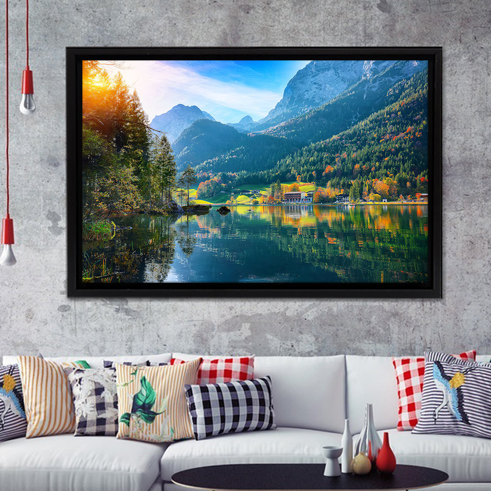Fantastic autumn sunset of Hintersee Lake Germany Alps Framed Canvas Prints Wall Art - Painting Canvas, Wall Decor, Home Decor