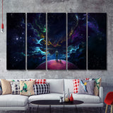 Fantasy Cloudsplanetstars And Boy 5 Pieces B Canvas Prints Wall Art - Painting Canvas, Multi Panels,5 Panel, Wall Decor