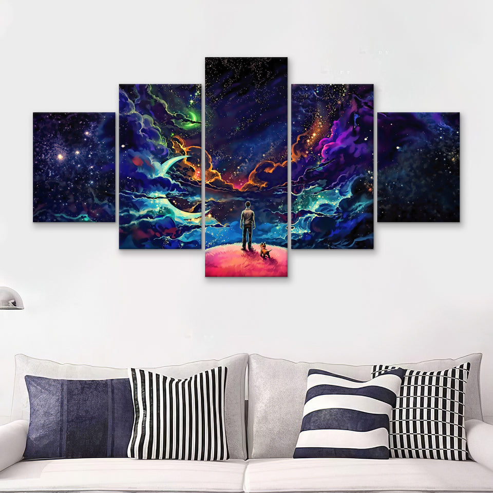 Fantasy Cloudsplanetstars And Boy 5 Pieces Canvas Prints Wall Art - Painting Canvas, Multi Panel, Wall Decor, Canvas Art