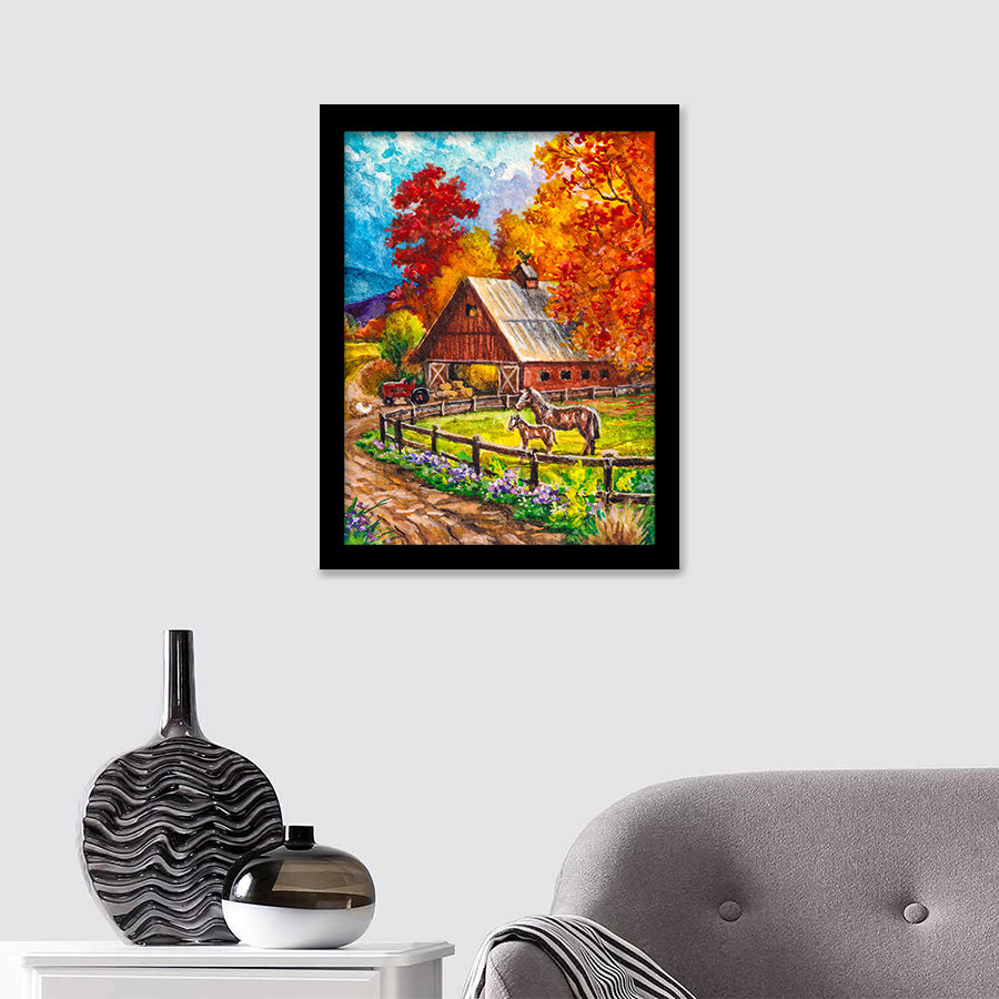 Farm With Barn And Horse Framed Wall Art - Framed Prints, Print for Sale, Painting Prints, Art Prints