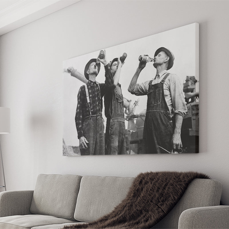 Farmers Drinking Black And White Print, Vintage Farmers Drinking Beer Canvas Prints Wall Art Home Decor