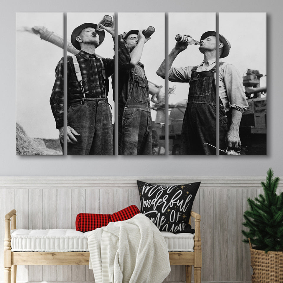 Farmers Drinking Black And White Print, Vintage Farmers Drinking Beer Larger Canvas Art, 5 Piece Canvas Prints Wall Art Decor