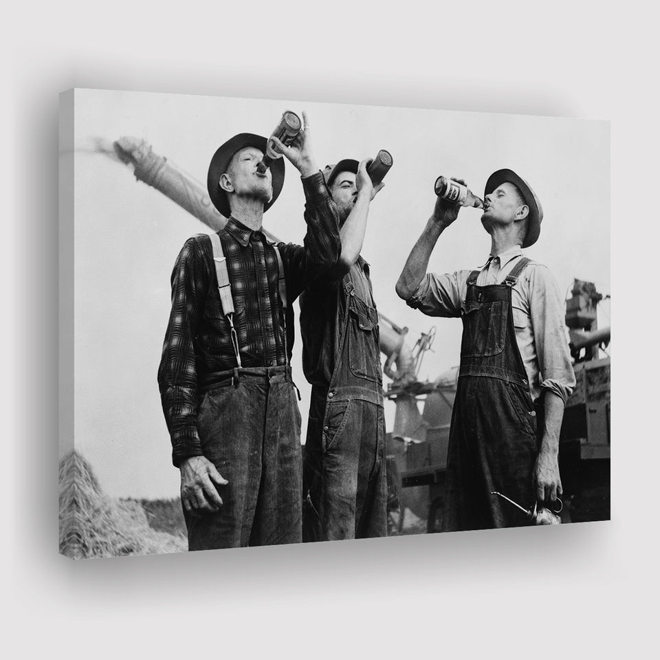 Farmers Drinking Black And White Print, Vintage Farmers Drinking Beer Canvas Prints Wall Art Home Decor
