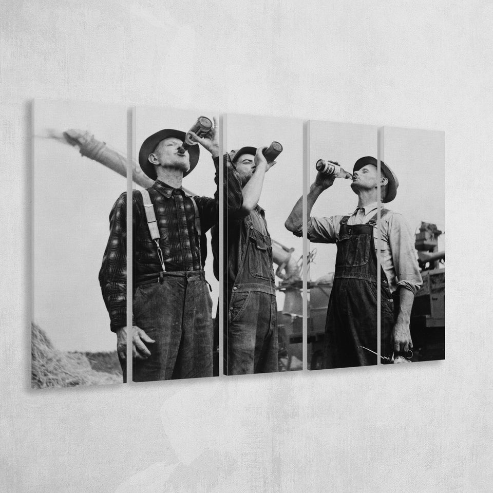 Farmers Drinking Black And White Print, Vintage Farmers Drinking Beer Larger Canvas Art, 5 Piece Canvas Prints Wall Art Decor
