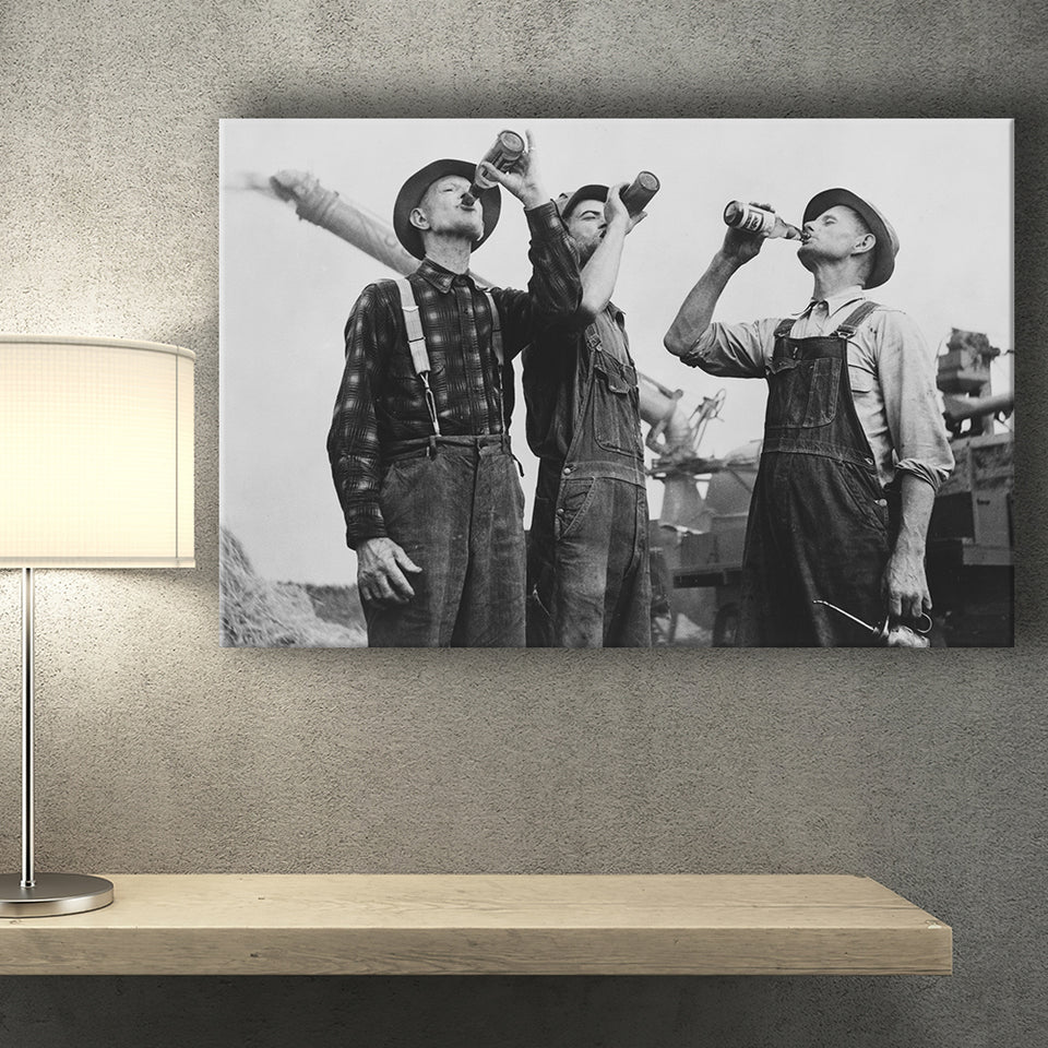 Farmers Drinking Black And White Print, Vintage Farmers Drinking Beer Canvas Prints Wall Art Home Decor