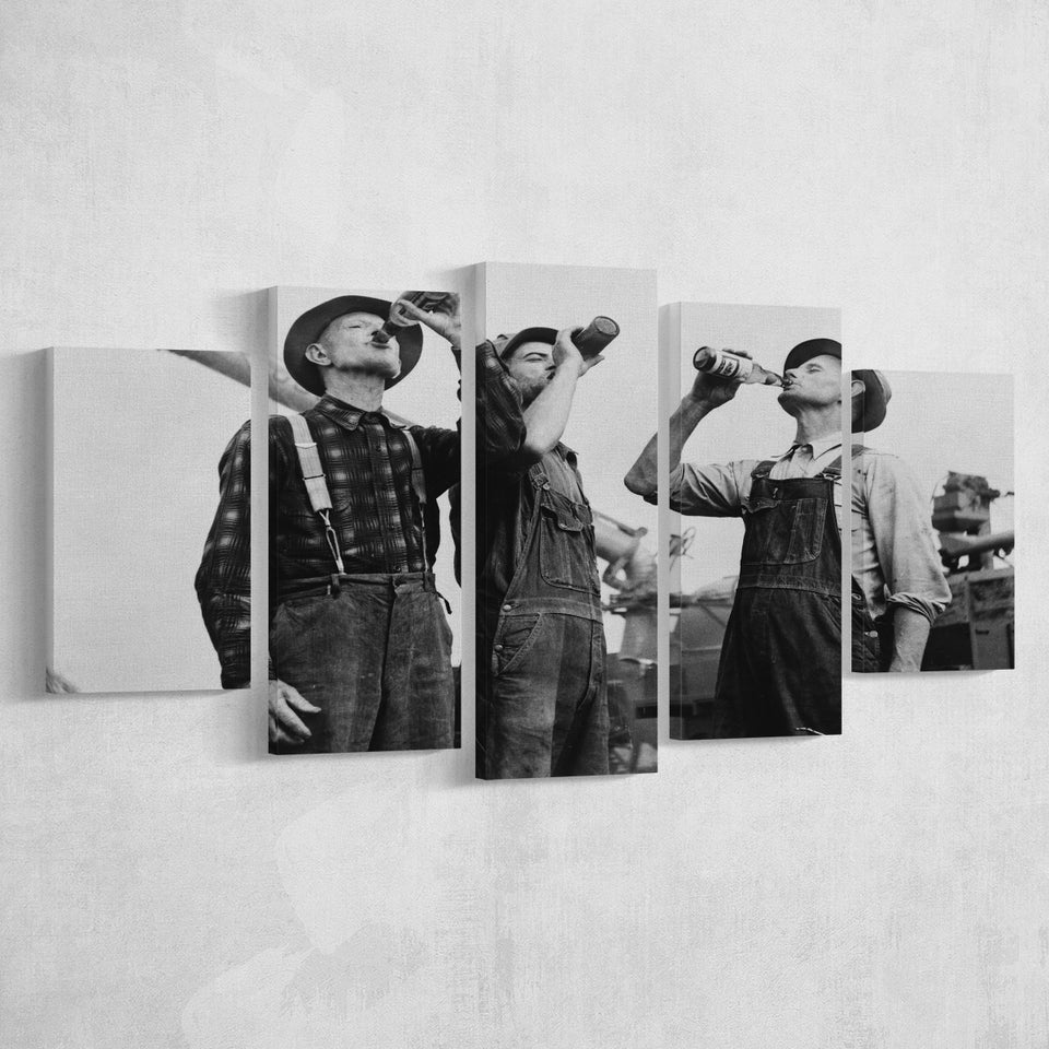 Farmers Drinking Black And White Print, Vintage Farmers Drinking Beer 5 Panels, Canvas Prints Wall Art Decor, Large Canvas Art