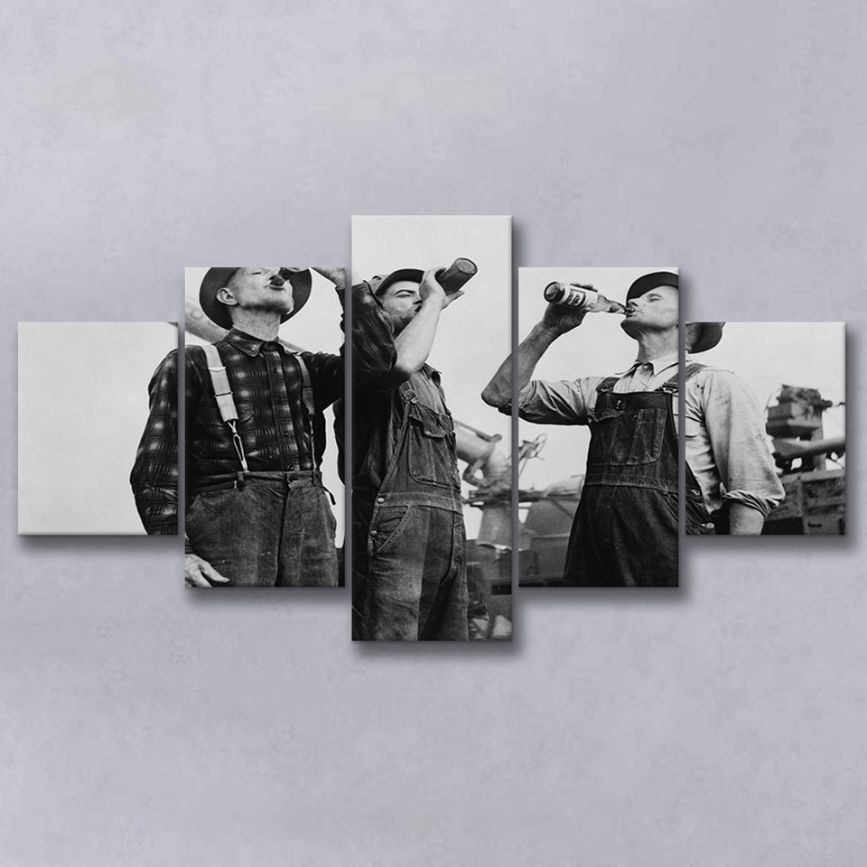Farmers Drinking Black And White Print, Vintage Farmers Drinking Beer 5 Panels, Canvas Prints Wall Art Decor, Large Canvas Art