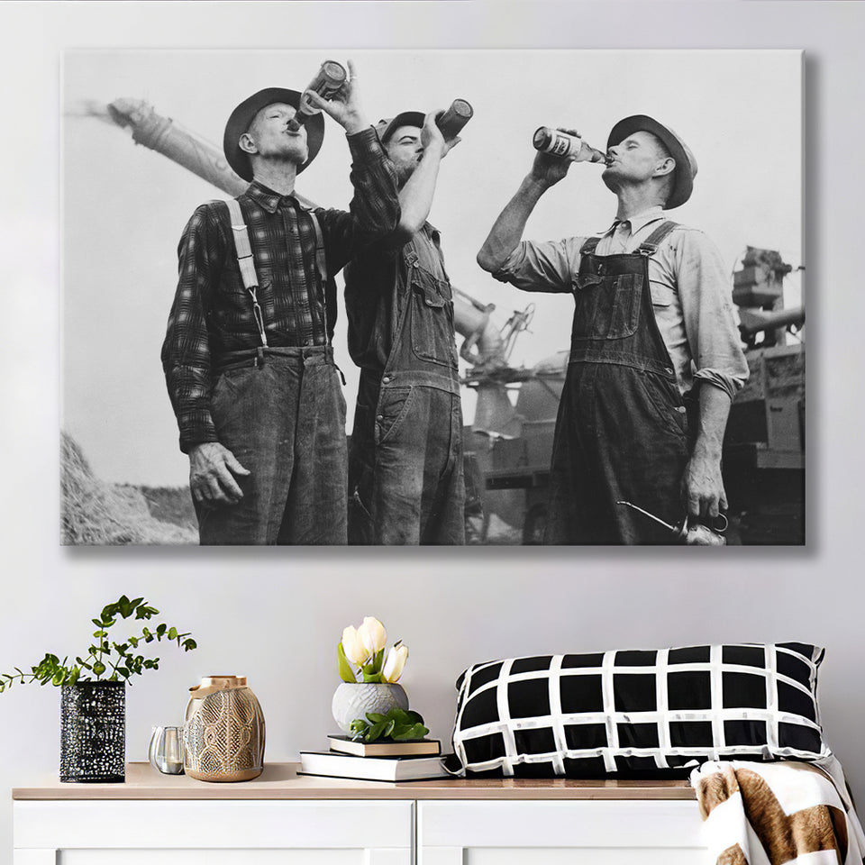 Farmers Drinking Black And White Print, Vintage Farmers Drinking Beer Canvas Prints Wall Art Home Decor
