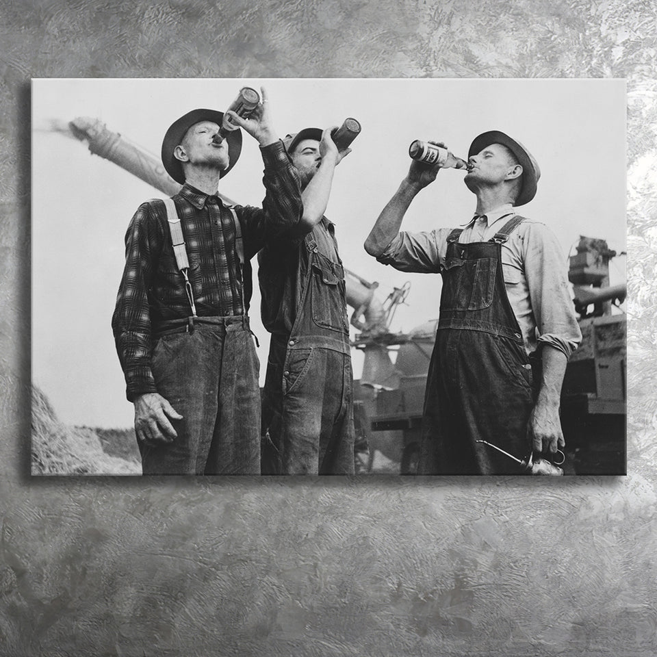 Farmers Drinking Black And White Print, Vintage Farmers Drinking Beer Canvas Prints Wall Art Home Decor