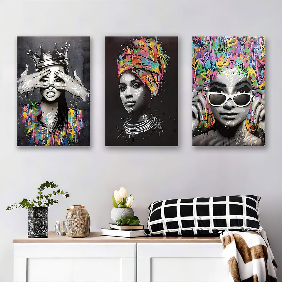 Fashion Colorful African American 3 Pieces For Living Room Decor Set of 3 Piece Canvas Prints Wall Art Decor