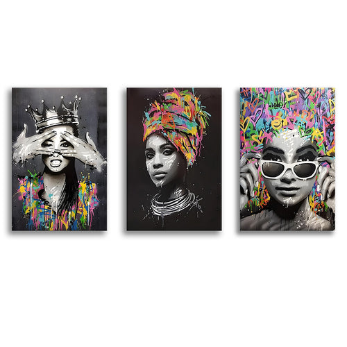Fashion Colorful African American 3 Pieces For Living Room Decor Set of 3 Piece Canvas Prints Wall Art Decor