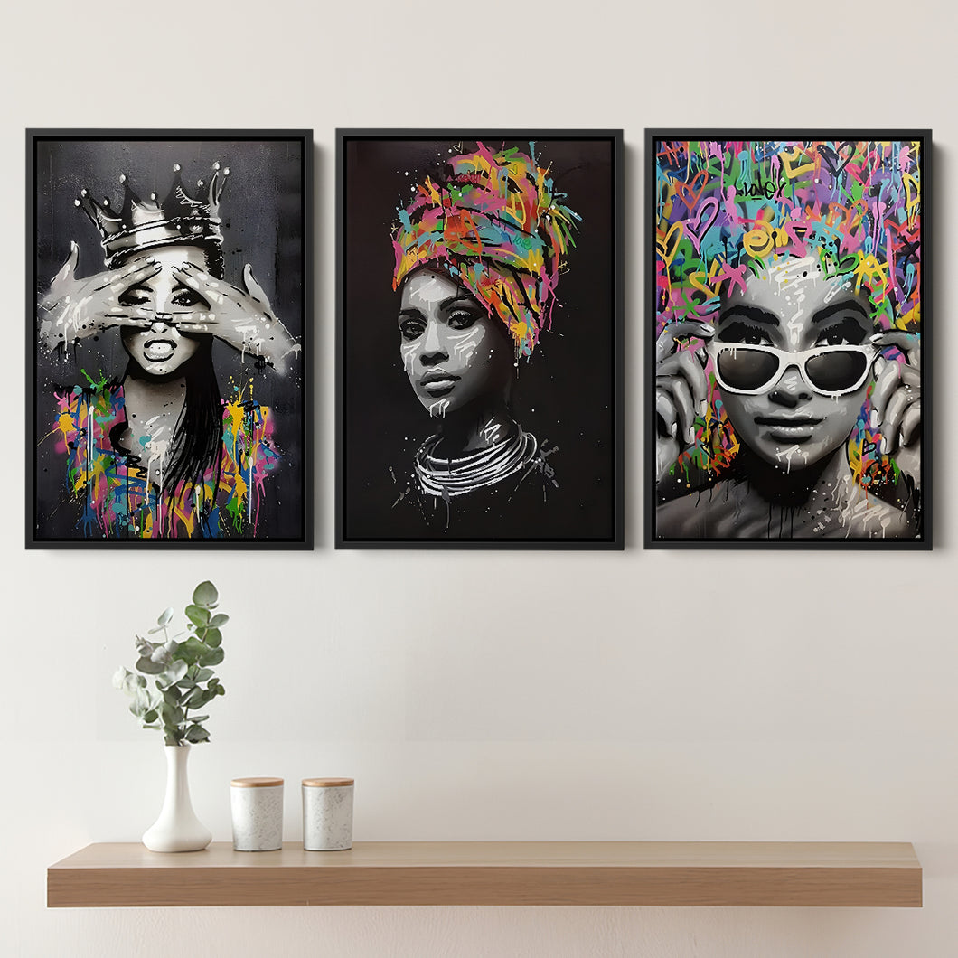 Fashion Colorful African American 3 Pieces For Living Room Decor Set of 3 Piece Framed Canvas Prints Wall Art Decor