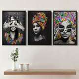 Fashion Colorful African American 3 Pieces For Living Room Decor Set of 3 Piece Framed Canvas Prints Wall Art Decor