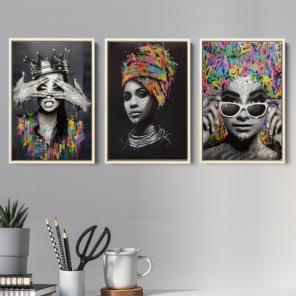 Fashion Colorful African American 3 Pieces For Living Room Decor Set of 3 Piece Framed Canvas Prints Wall Art Decor