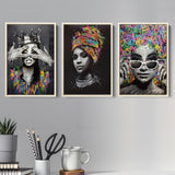 Fashion Colorful African American 3 Pieces For Living Room Decor Set of 3 Piece Framed Canvas Prints Wall Art Decor
