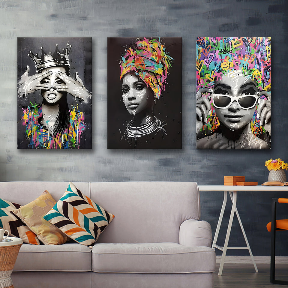 Fashion Colorful African American 3 Pieces For Living Room Decor Set of 3 Piece Canvas Prints Wall Art Decor
