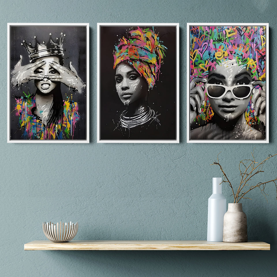 Fashion Colorful African American 3 Pieces For Living Room Decor Set of 3 Piece Framed Canvas Prints Wall Art Decor