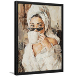 Fashion Woman, Popular Girl Drinking Coffee Painting, Framed Art Prints Wall Art Home Decor, Ready to Hang