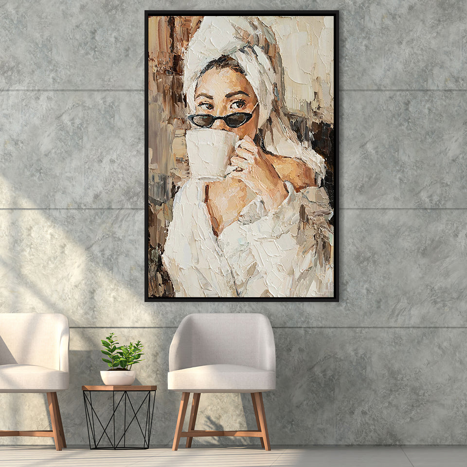 Fashion Woman Canvas, Popular Girl Drinking Coffee Painting, Framed Canvas Prints Wall Art Home Decor,Floating Frame