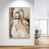 Fashion Woman Canvas, Popular Girl Drinking Coffee Painting, Framed Canvas Prints Wall Art Home Decor,Floating Frame