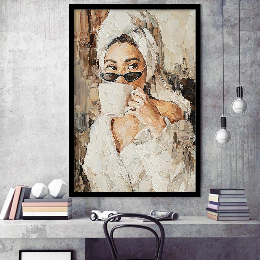 Fashion Woman, Popular Girl Drinking Coffee Painting, Framed Art Prints Wall Art Home Decor, Ready to Hang