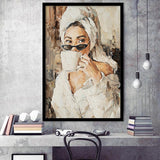 Fashion Woman, Popular Girl Drinking Coffee Painting, Framed Art Prints Wall Art Home Decor, Ready to Hang
