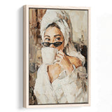Fashion Woman Canvas, Popular Girl Drinking Coffee Painting, Framed Canvas Prints Wall Art Home Decor,Floating Frame