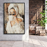 Fashion Woman Canvas, Popular Girl Drinking Coffee Painting, Framed Canvas Prints Wall Art Home Decor,Floating Frame