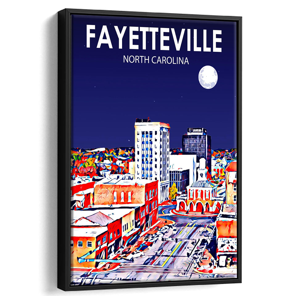 Fayetteville North Carolina Art Night Landscape, Large Canvas, Framed Canvas Print Wall Art Home Decor, Floating Frame
