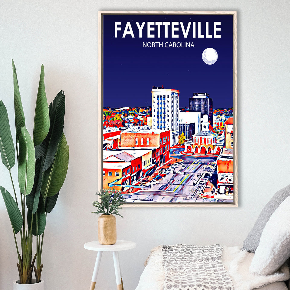 Fayetteville North Carolina Art Night Landscape, Large Canvas, Framed Canvas Print Wall Art Home Decor, Floating Frame