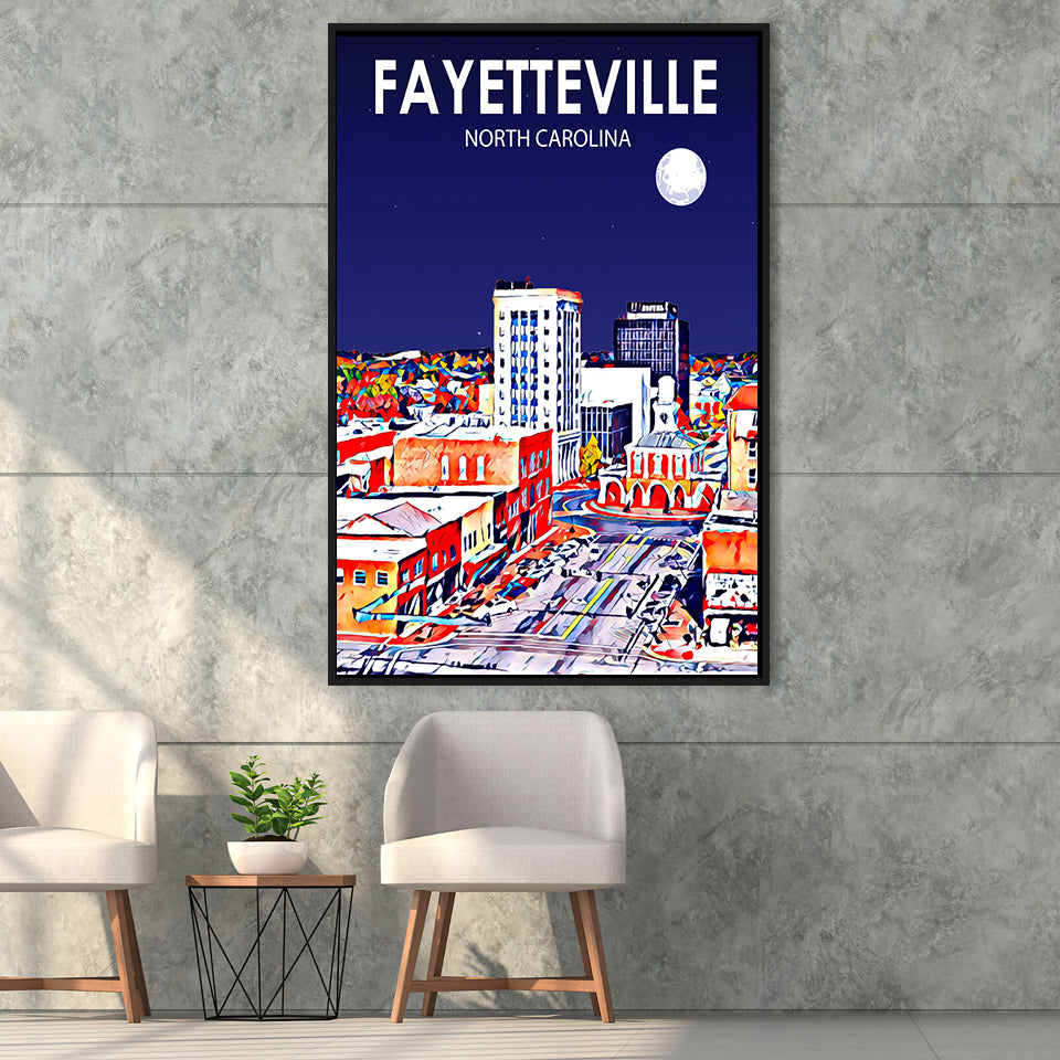 Fayetteville North Carolina Art Night Landscape, Large Canvas, Framed Canvas Print Wall Art Home Decor, Floating Frame