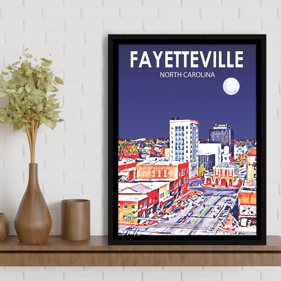 Fayetteville North Carolina Art Night Landscape, Large Canvas, Framed Canvas Print Wall Art Home Decor, Floating Frame