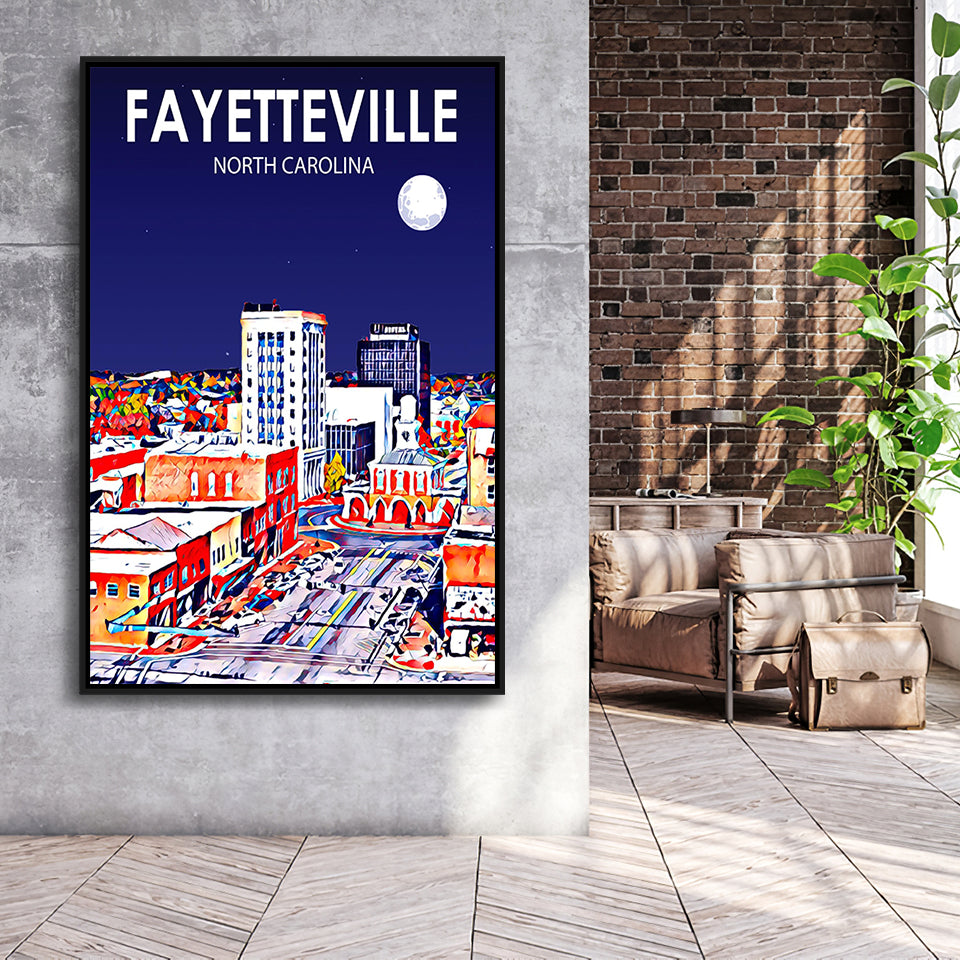 Fayetteville North Carolina Art Night Landscape, Large Canvas, Framed Canvas Print Wall Art Home Decor, Floating Frame