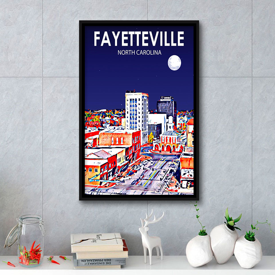 Fayetteville North Carolina Art Night Landscape, Large Canvas, Framed Canvas Print Wall Art Home Decor, Floating Frame