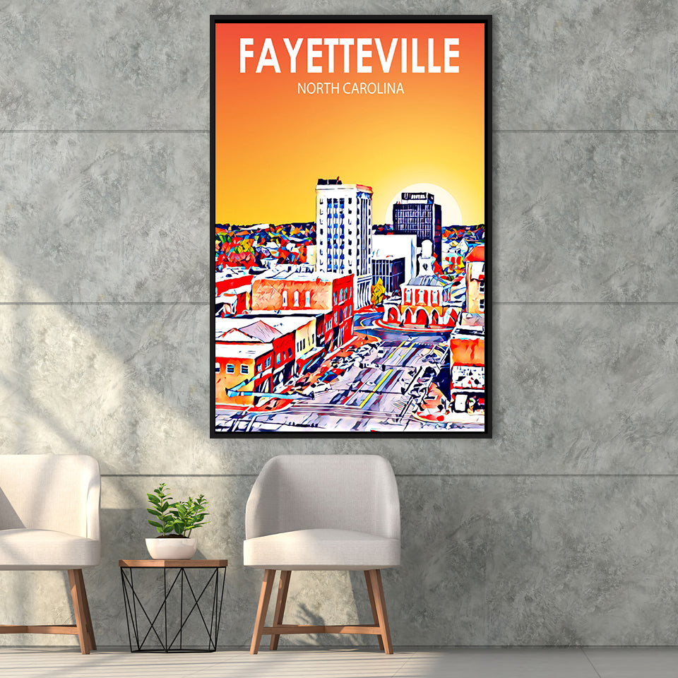 Fayetteville North Carolina Art Sunset Landscape, Large Canvas, Framed Canvas Print Wall Art Home Decor, Floating Frame