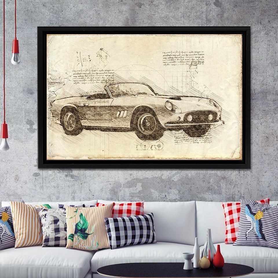Fer 250 GT SWB California Spider Da Vinci Style Framed Canvas Prints - Painting Canvas, Framed Art,Wall Art,Old Car, For Sale,Wal Decor