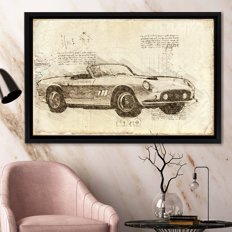 Fer 250 GT SWB California Spider Da Vinci Style Framed Canvas Prints - Painting Canvas, Framed Art,Wall Art,Old Car, For Sale,Wal Decor