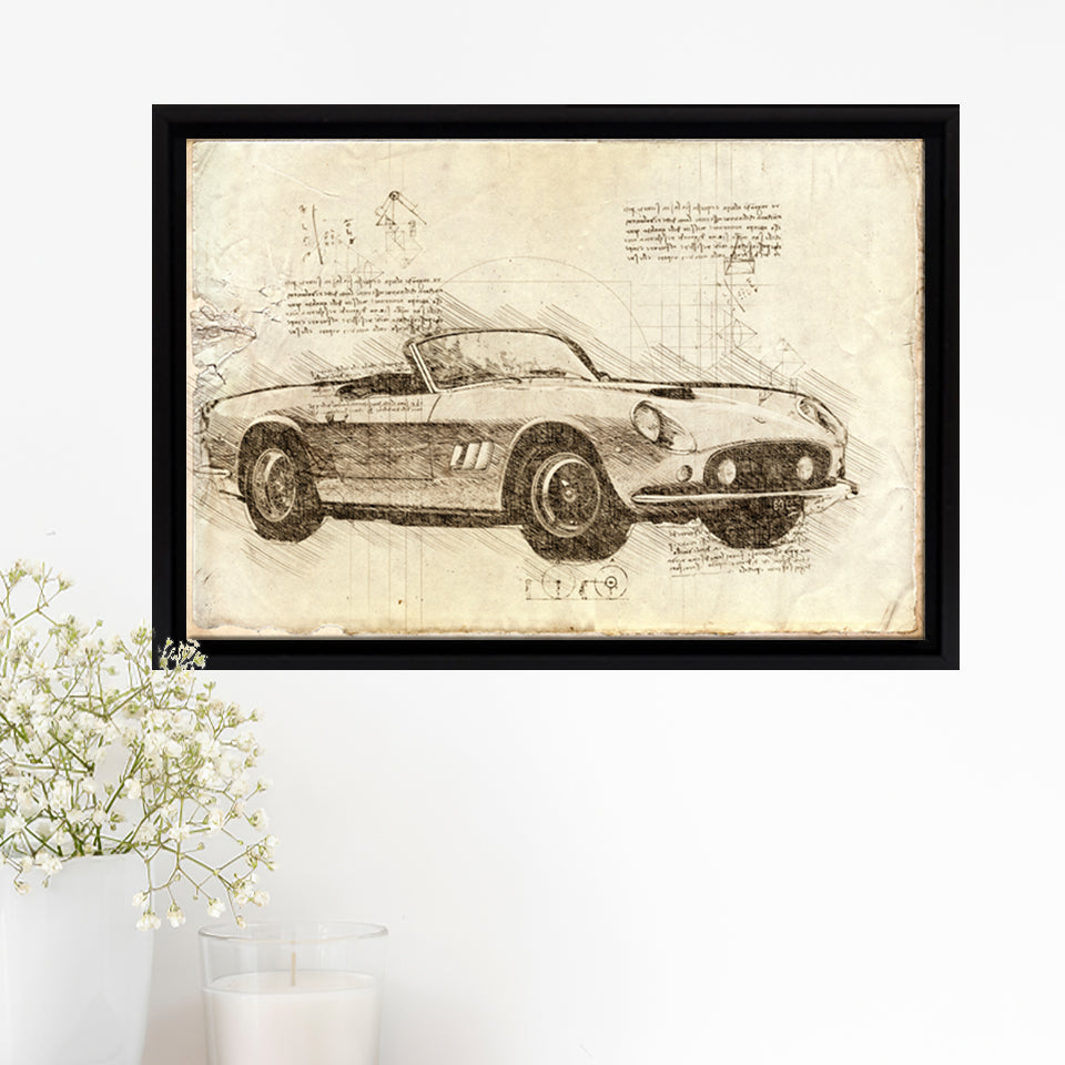 Fer 250 GT SWB California Spider Da Vinci Style Framed Canvas Prints - Painting Canvas, Framed Art,Wall Art,Old Car, For Sale,Wal Decor
