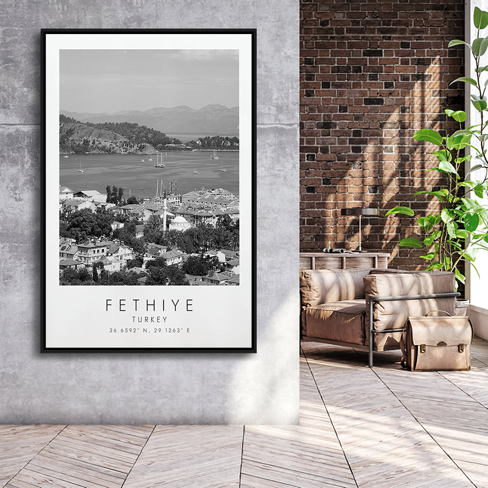 Fethiye Turkey Black And White Art Framed Canvas Prints Wall Art Home Decor, Floating Frame