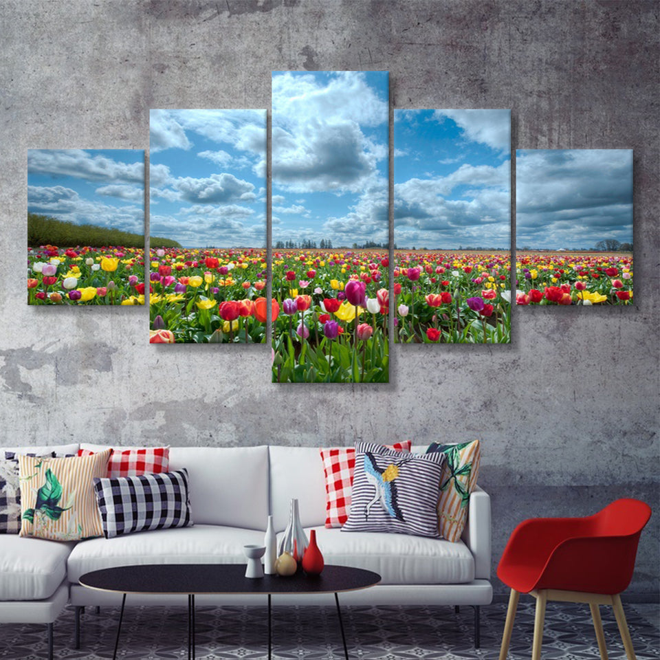 Field Of Tulips In Various Colors 5 Pieces Canvas Prints Wall Art - Painting Canvas, Multi Panel, Wall Decor, Canvas Art