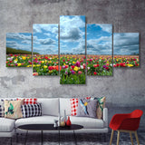 Field Of Tulips In Various Colors 5 Pieces Canvas Prints Wall Art - Painting Canvas, Multi Panel, Wall Decor, Canvas Art