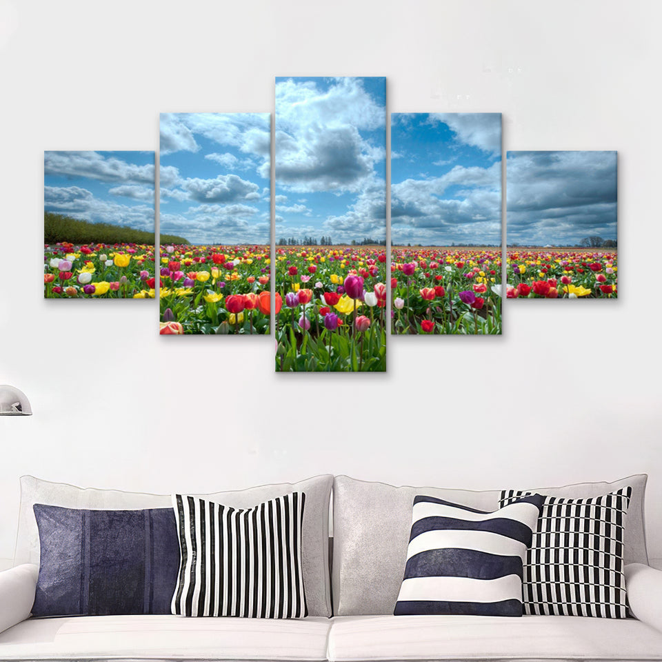 Field Of Tulips In Various Colors 5 Pieces Canvas Prints Wall Art - Painting Canvas, Multi Panel, Wall Decor, Canvas Art